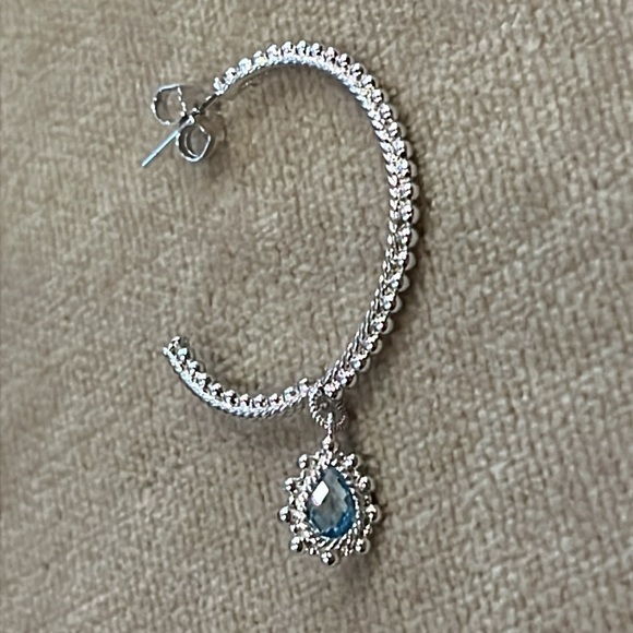 Judith Ripka Sterling Silver Hoop / Pierced Earring with Blue Topaz Dangle NWOT - Picture 5 of 11